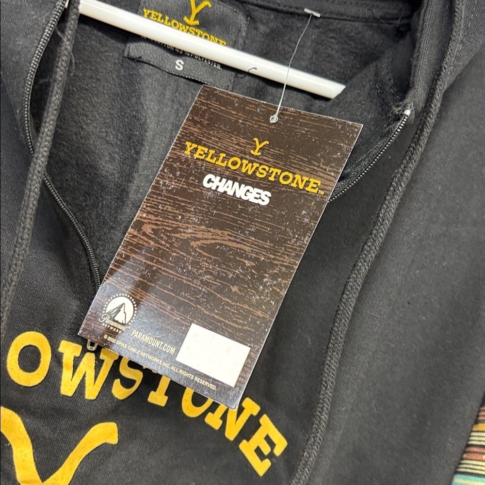 Yellowstone Black mid zip up Hoodie with Striped long Sleeves small - Picture 9 of 11